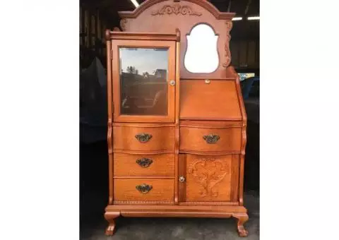 Victorian style Side By Side hutch oak cabinet with fancy mirror
